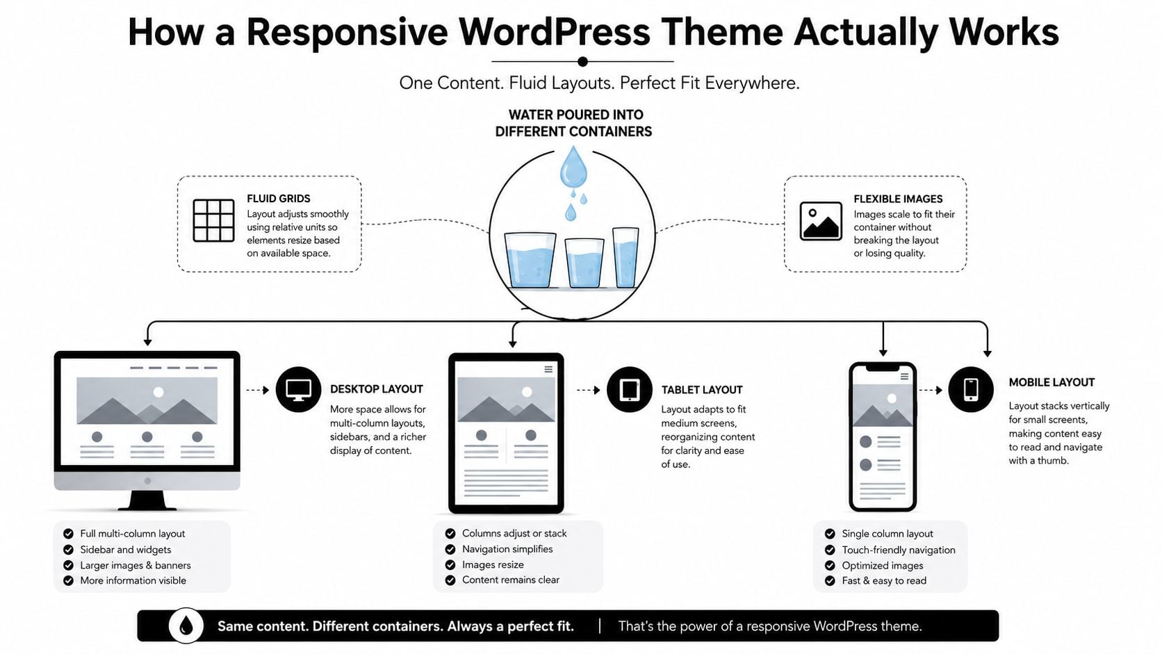 An infographic showing how responsive WordPress themes adapt content layout to fit desktop, tablet, and mobile screens.