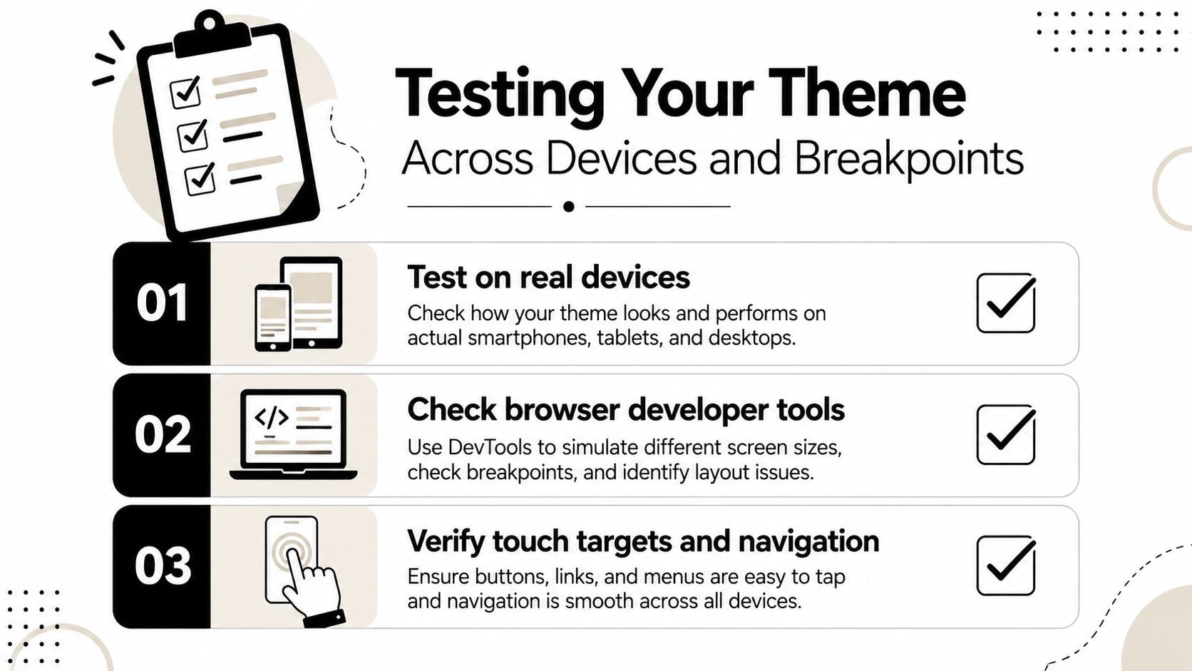A checklist infographic illustrating three essential steps for testing a website theme across various screen devices.