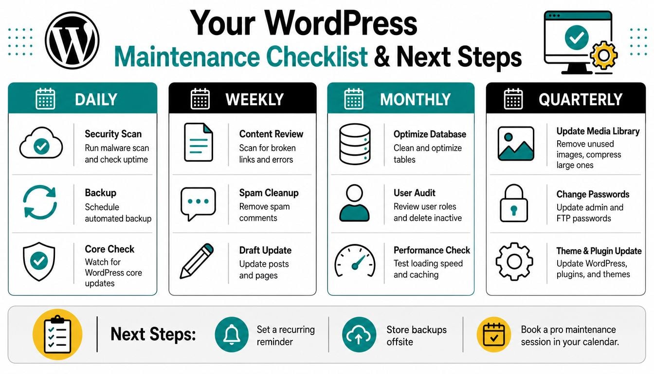A comprehensive WordPress website maintenance checklist broken down by daily, weekly, monthly, and quarterly essential tasks.