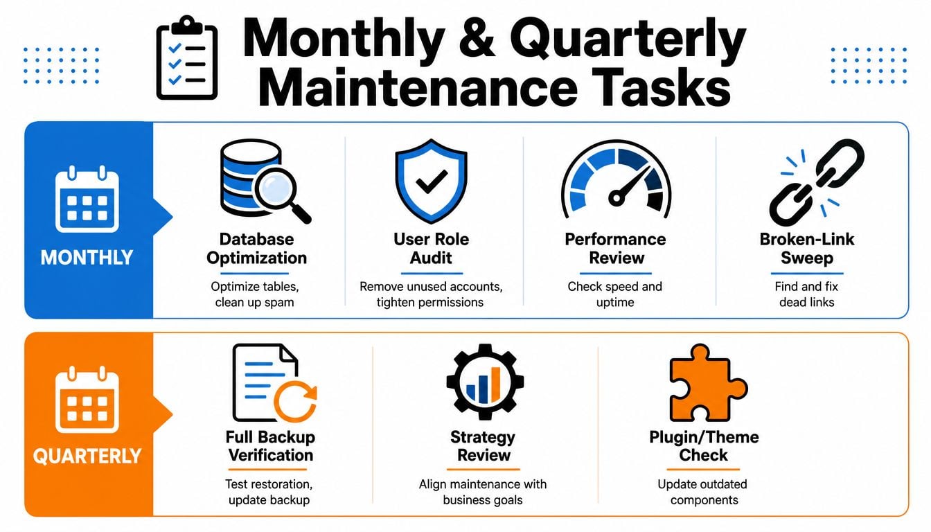 A checklist infographic illustrating essential monthly and quarterly website maintenance tasks for optimized site performance.