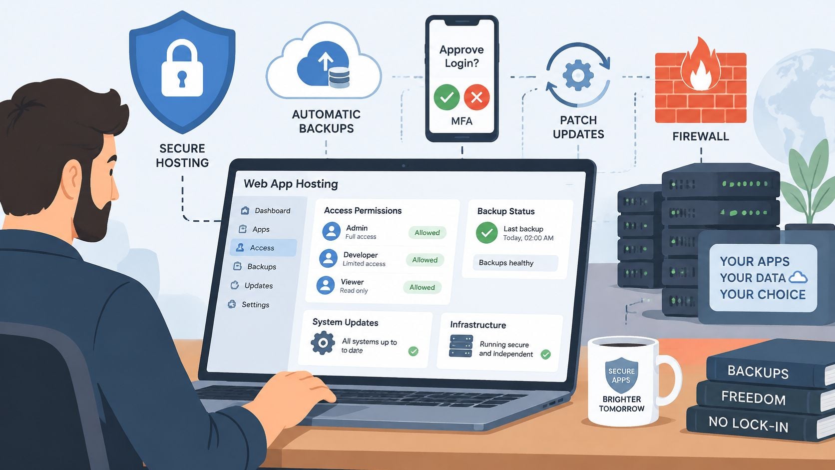A professional developer working on a laptop, managing secure web app hosting, cloud backups, and infrastructure settings.