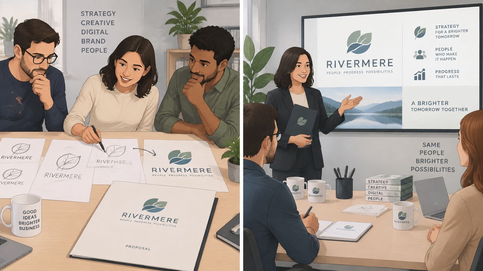 A split screen showing a professional team collaborating on brand identity design and presenting a corporate branding presentation.