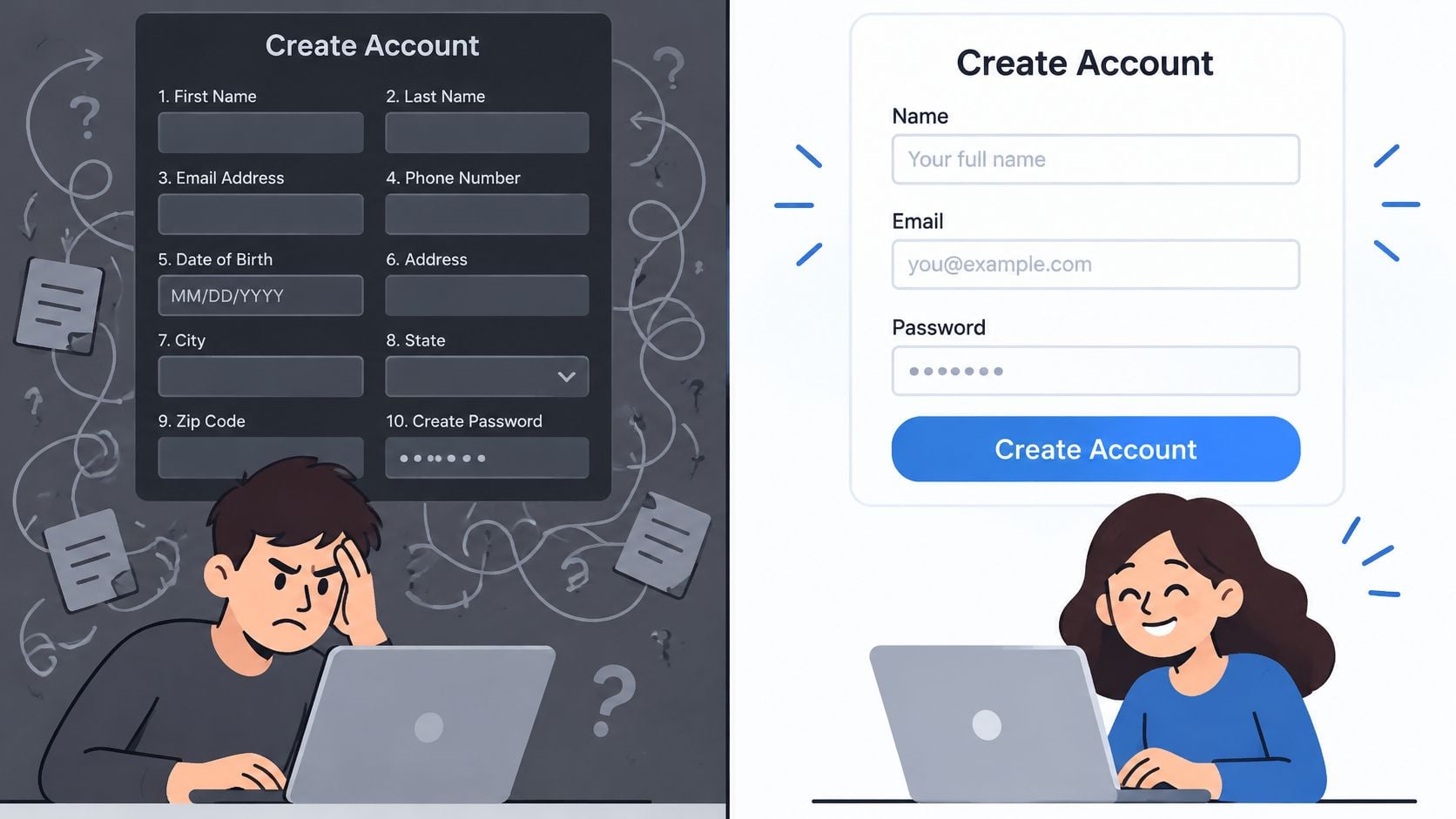 A comparison illustration showing a frustrated person with a complex form versus a happy person using simple forms.