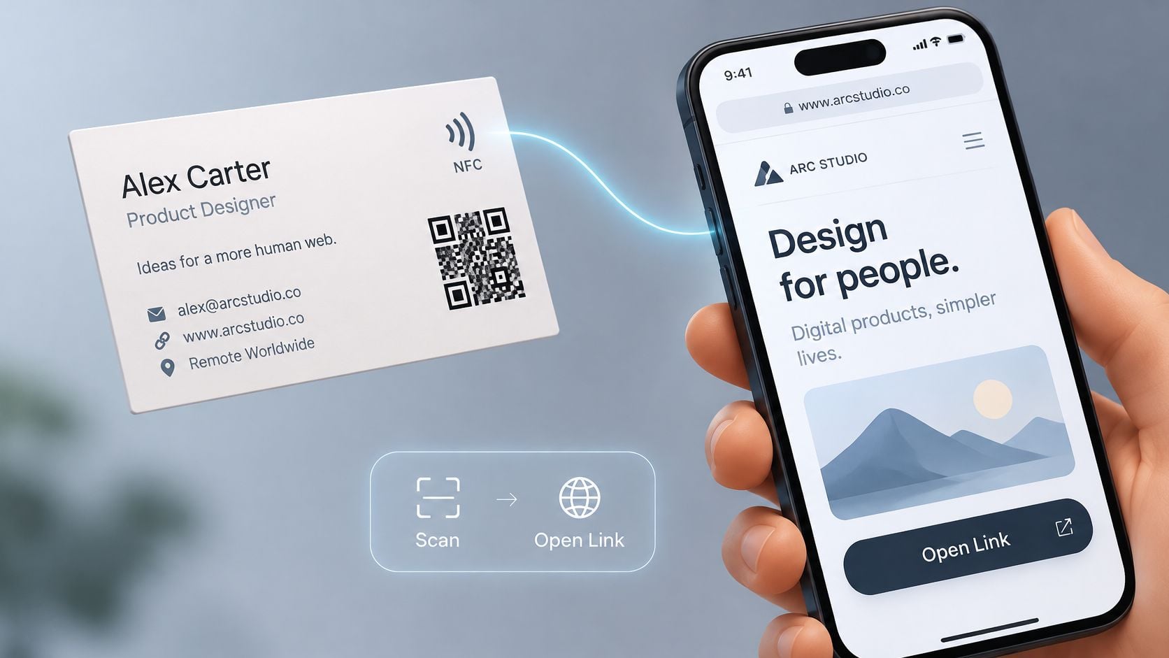 A digital business card connecting via NFC to a smartphone displaying a professional website design interface.