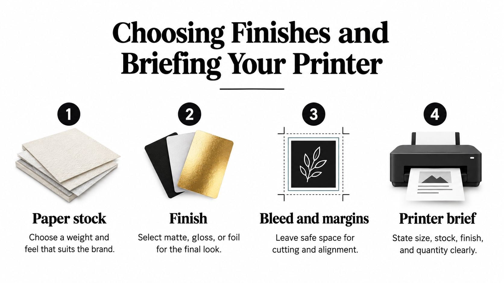 A graphic guide illustrating four essential steps for choosing paper finishes and creating a professional printer brief.