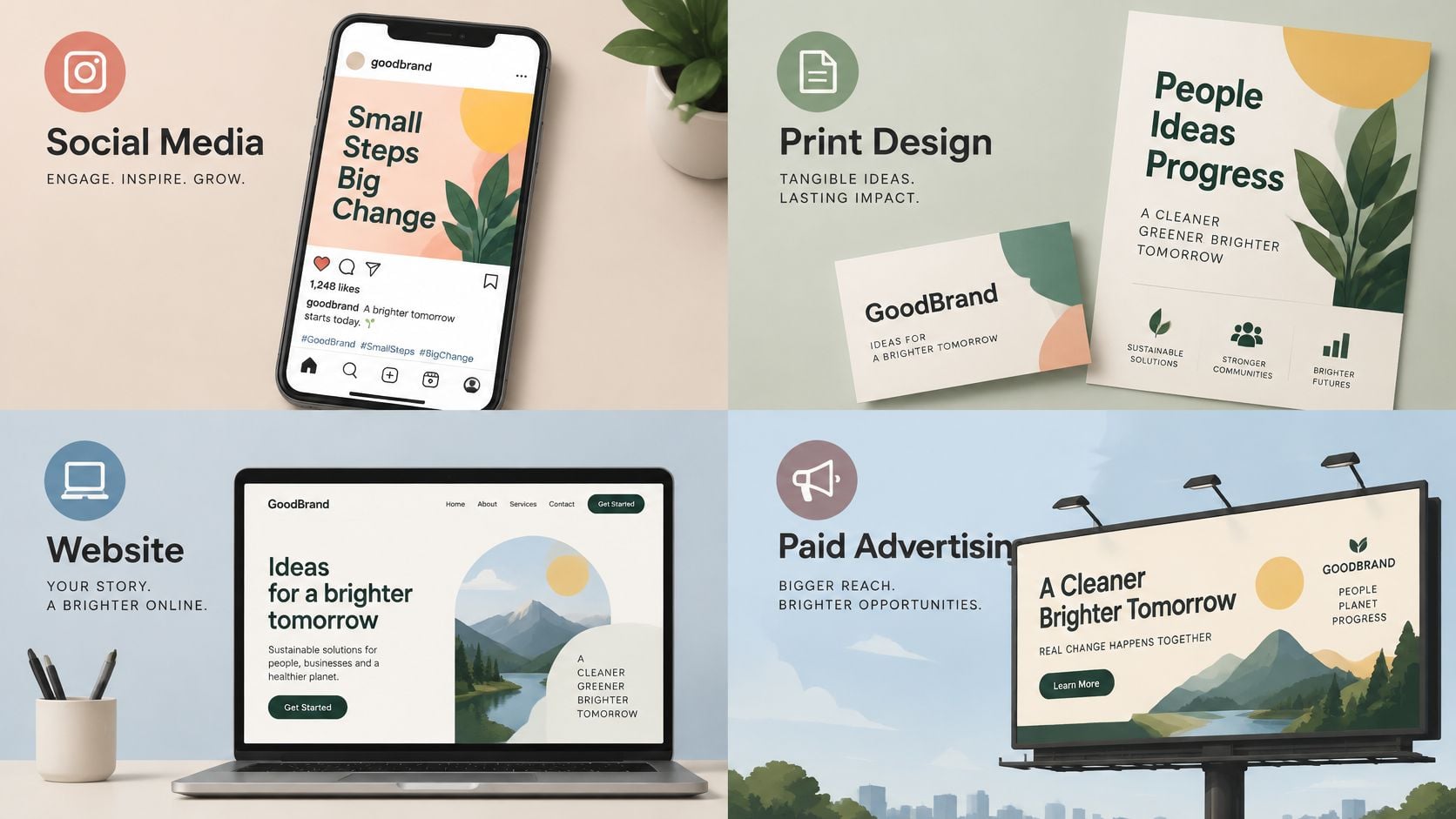 A collage showcasing branding collateral including social media posts, printed materials, website design, and billboard advertising.