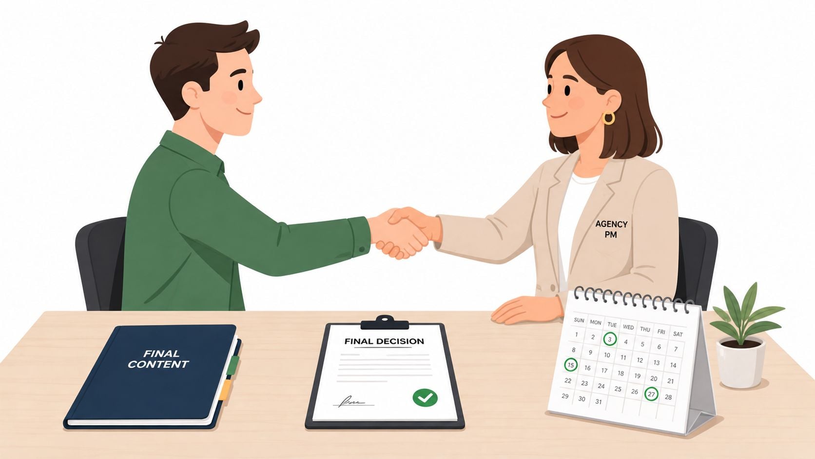 A professional man and a project manager shaking hands across a desk after final content approval.
