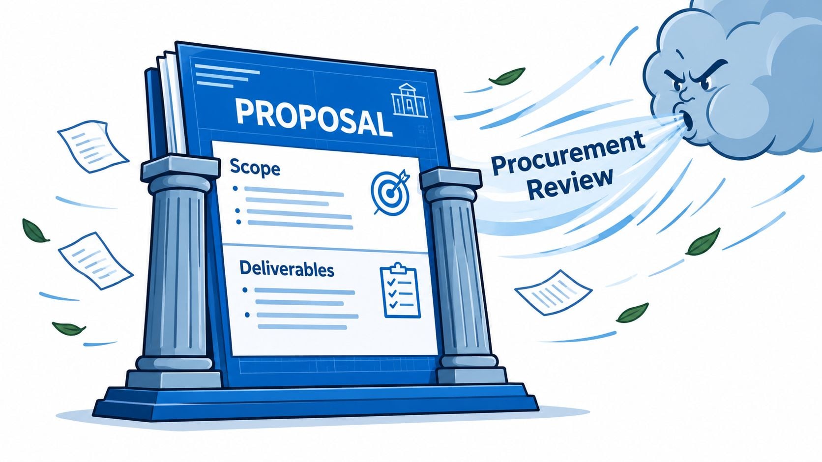 A proposal document held by pillars being blown by a storm cloud labeled as procurement review.