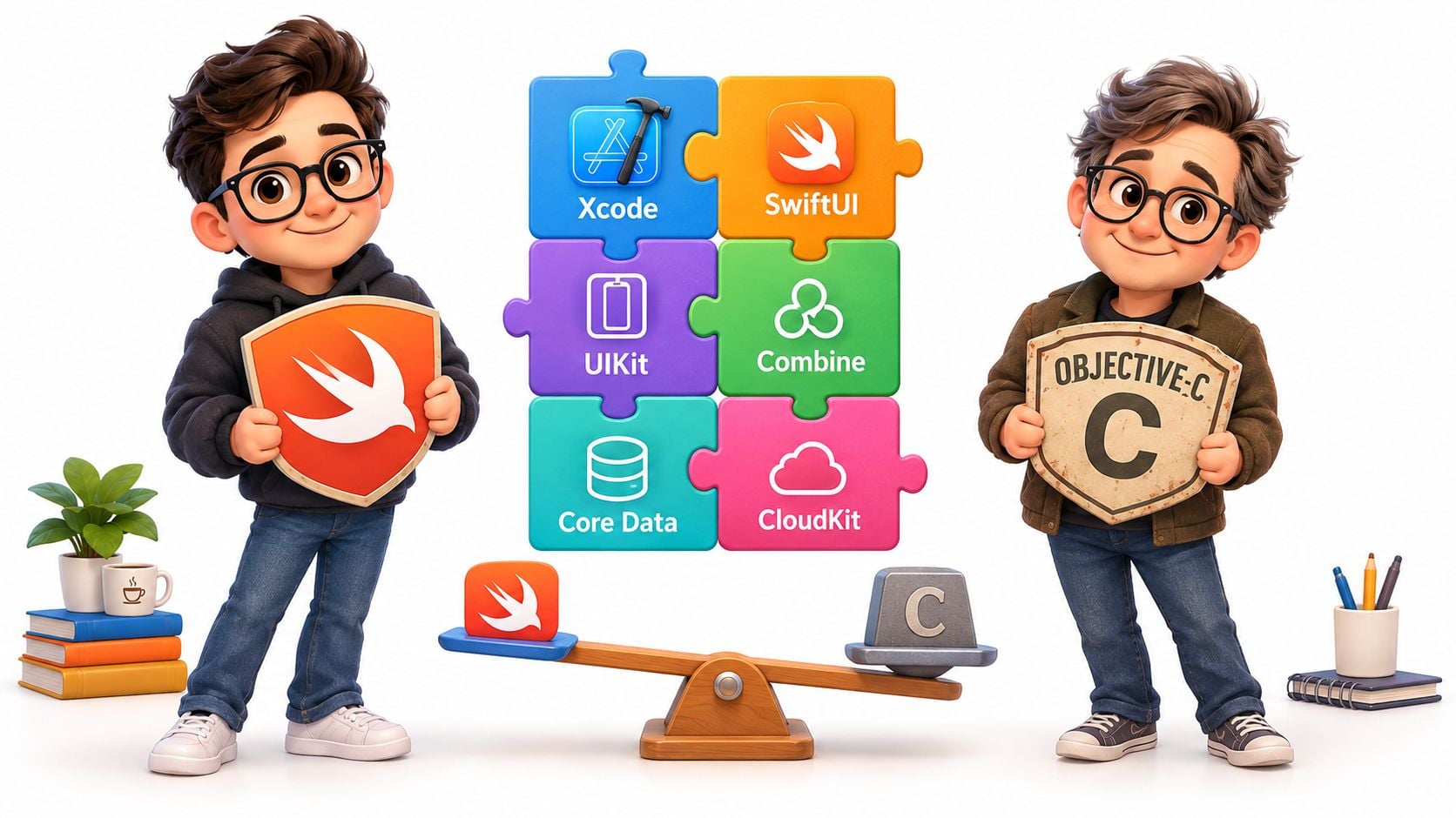 Two 3D cartoon characters comparing Swift and Objective-C development tools on a balance scale.