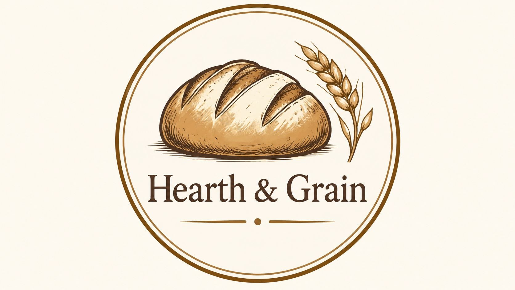 A rustic bread loaf logo design with wheat stalks inside a circular border for a bakery brand.
