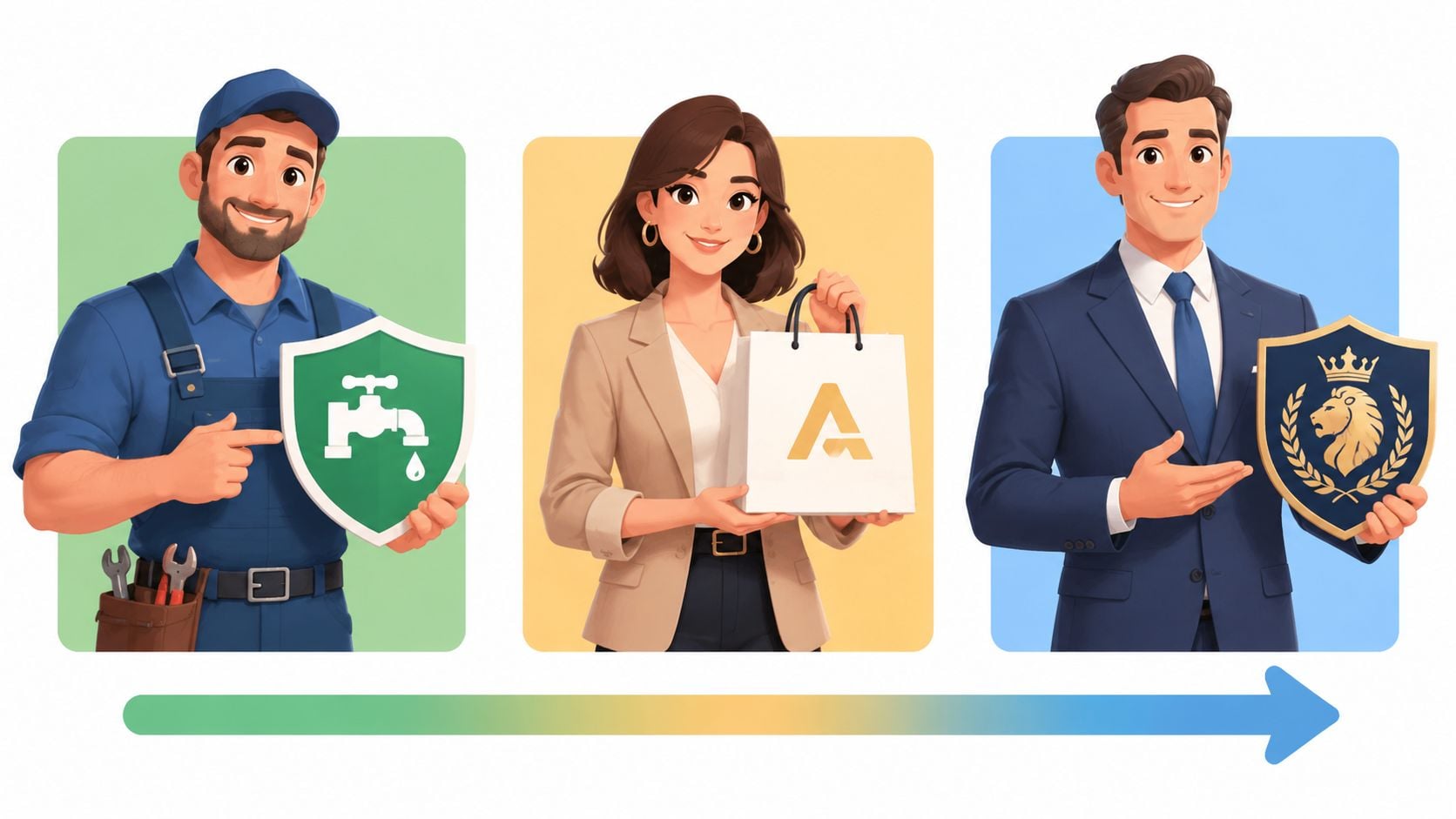 Three professional characters representing service, retail, and finance sectors with shield icons and a progress arrow.