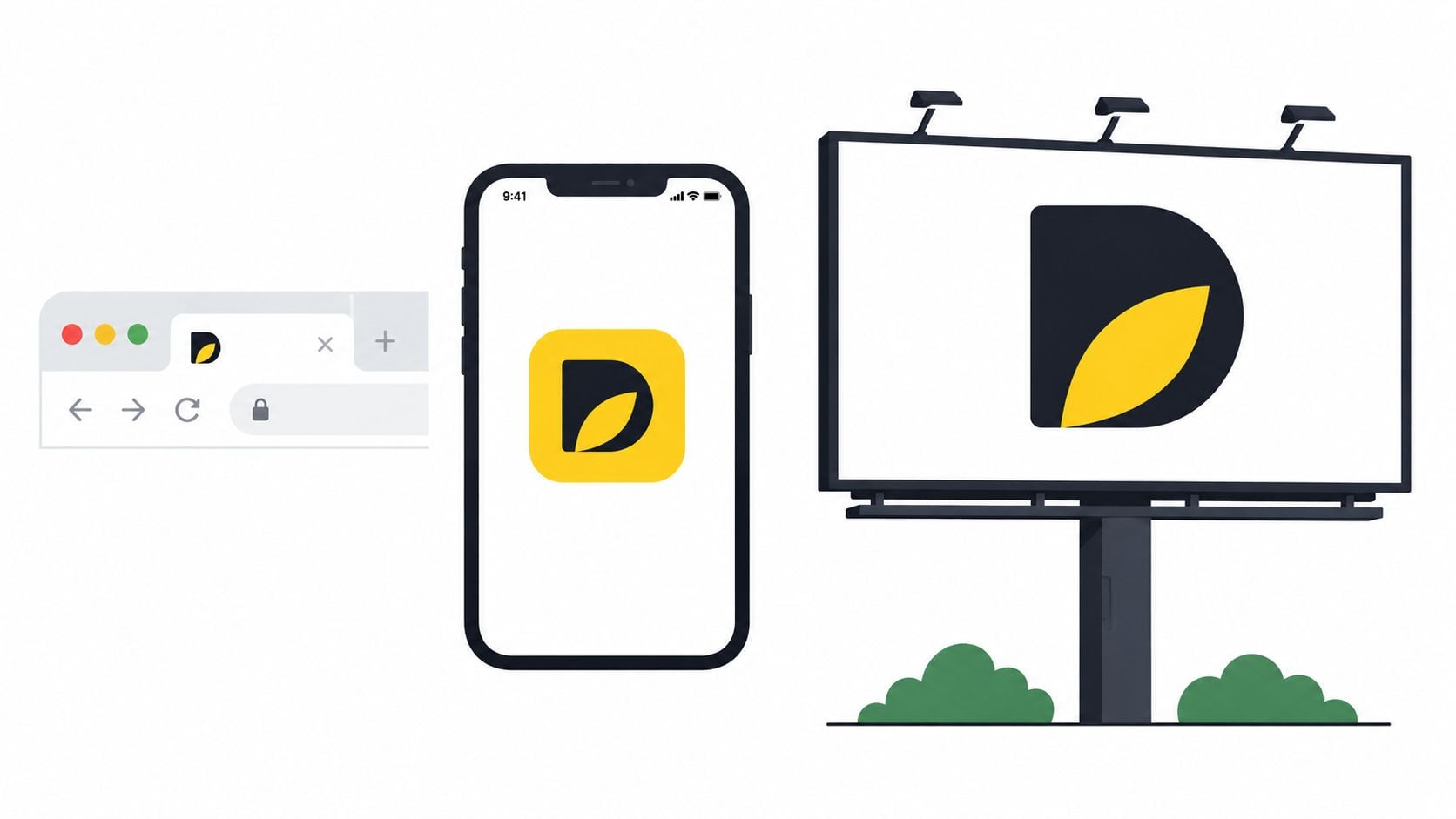 Visual branding examples featuring a letter D logo on a web browser tab, smartphone, and billboard.