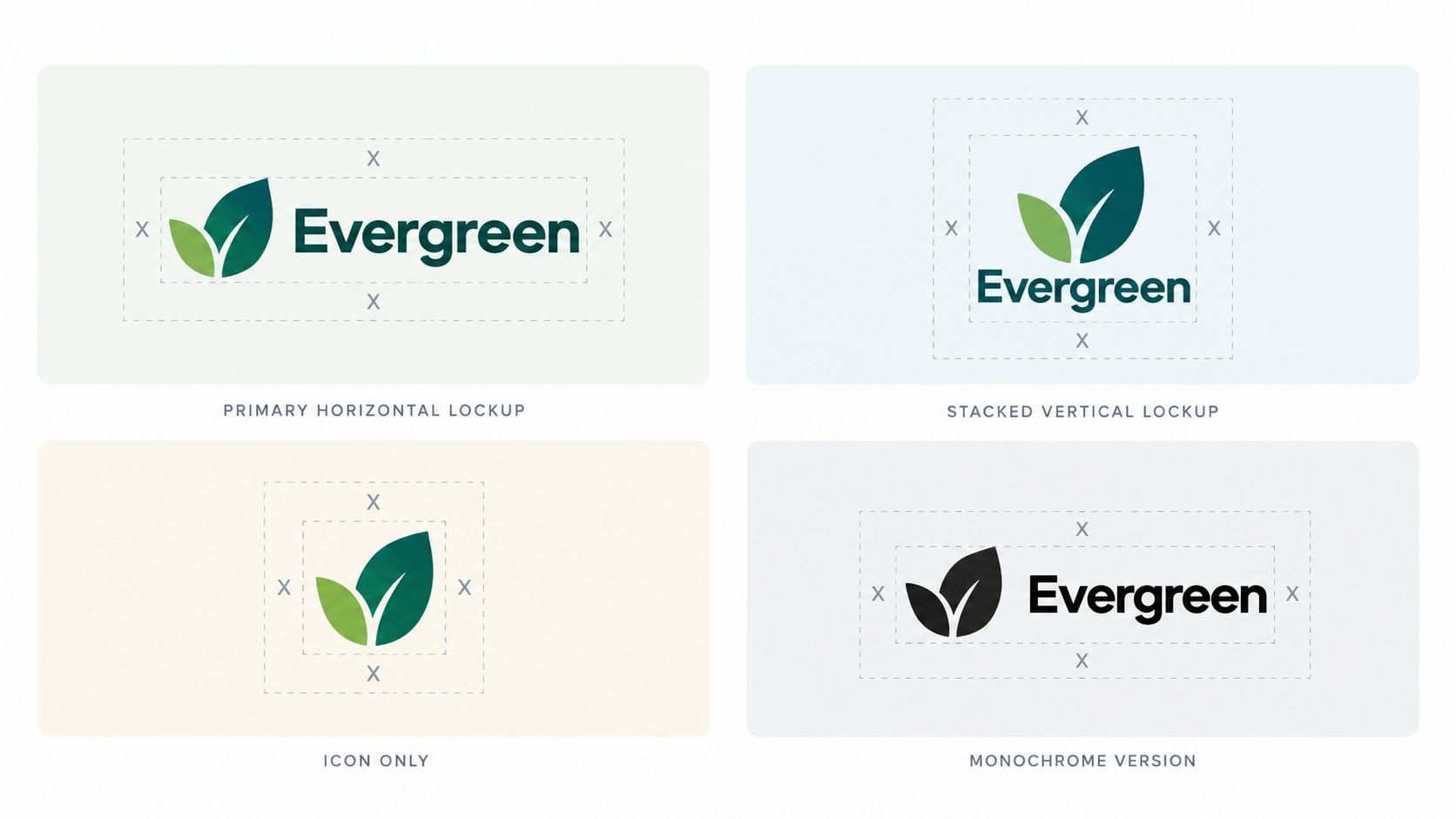 A visual guide displaying various logo lockups for a brand named Evergreen, including horizontal, stacked, and monochrome variations.