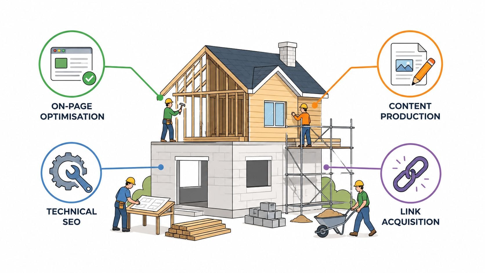 A construction site illustration showing a house being built, symbolizing various aspects of search engine optimization services.