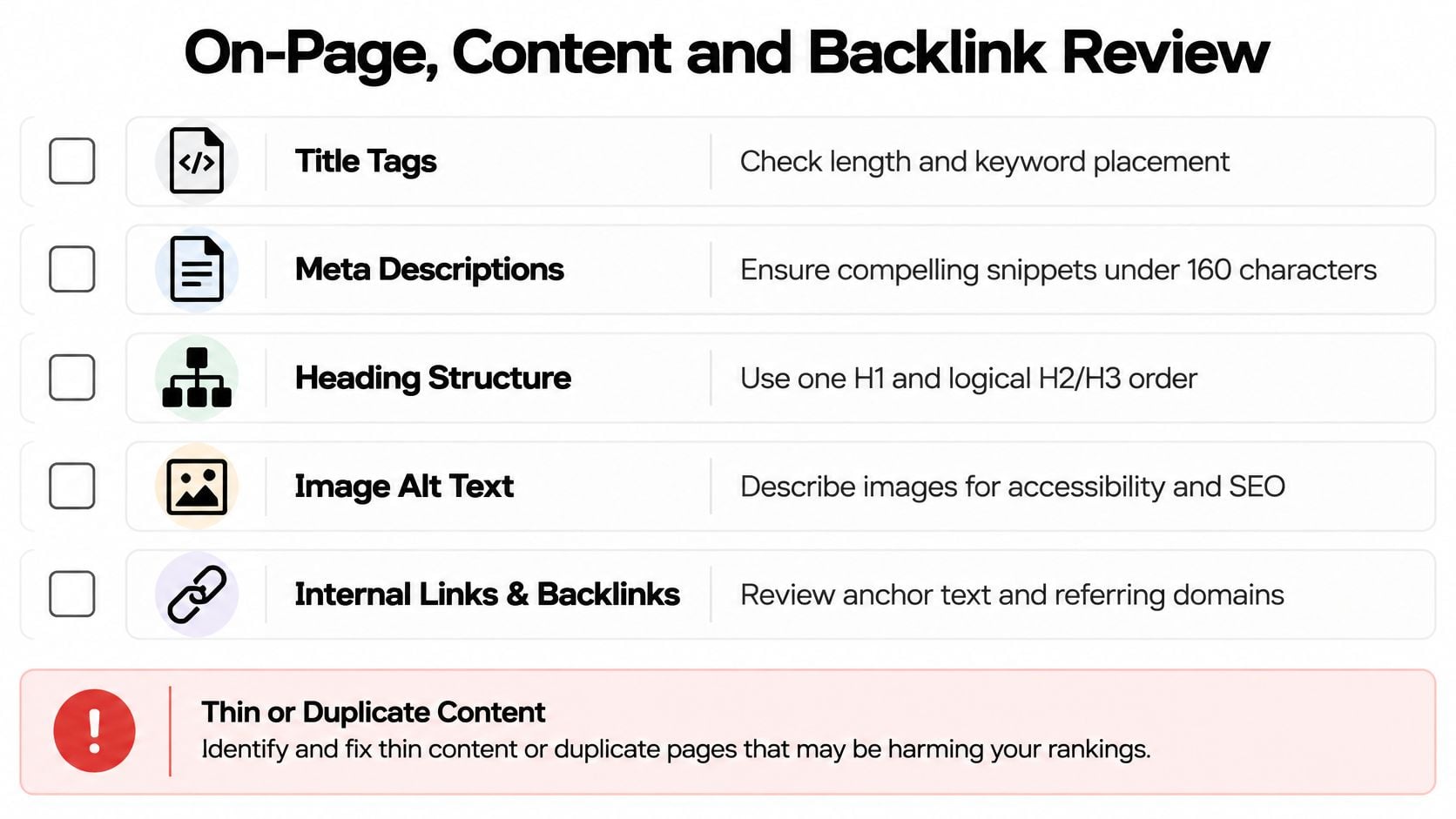 A checklist highlighting key SEO tasks including title tags, meta descriptions, headings, images, and backlink review strategies.