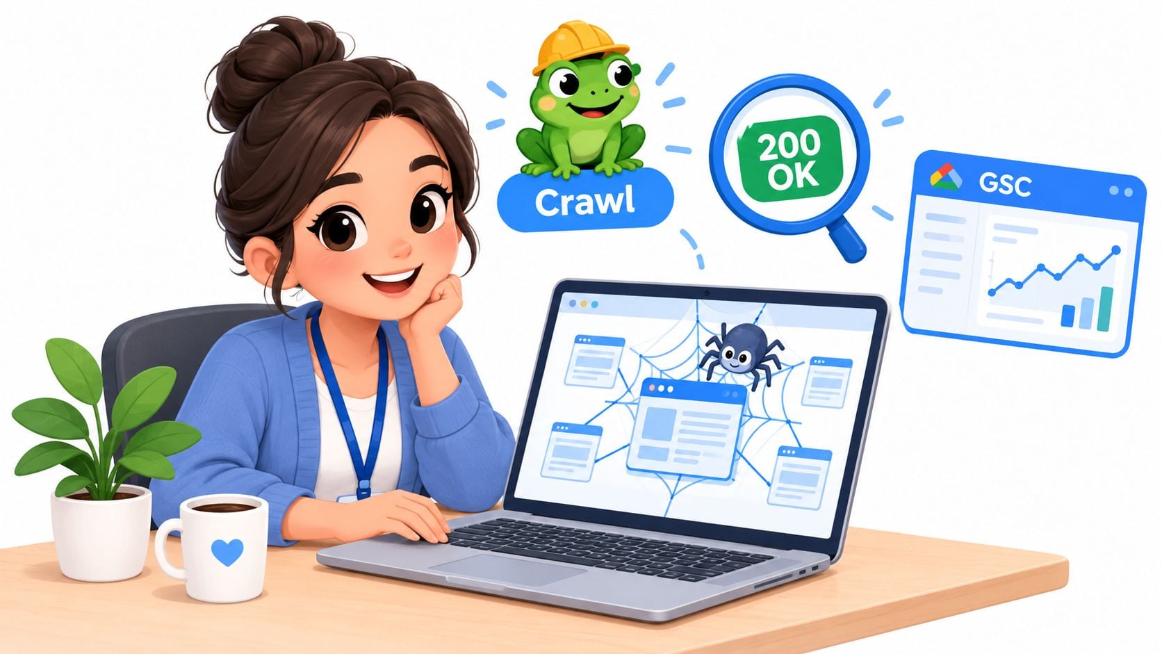 A friendly young woman working on a website SEO audit on her laptop computer at a desk.