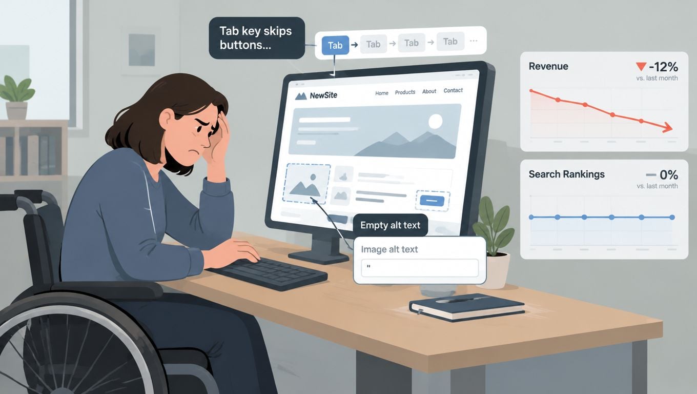 A woman in a wheelchair feeling frustrated while using a website with poor accessibility and navigation errors.