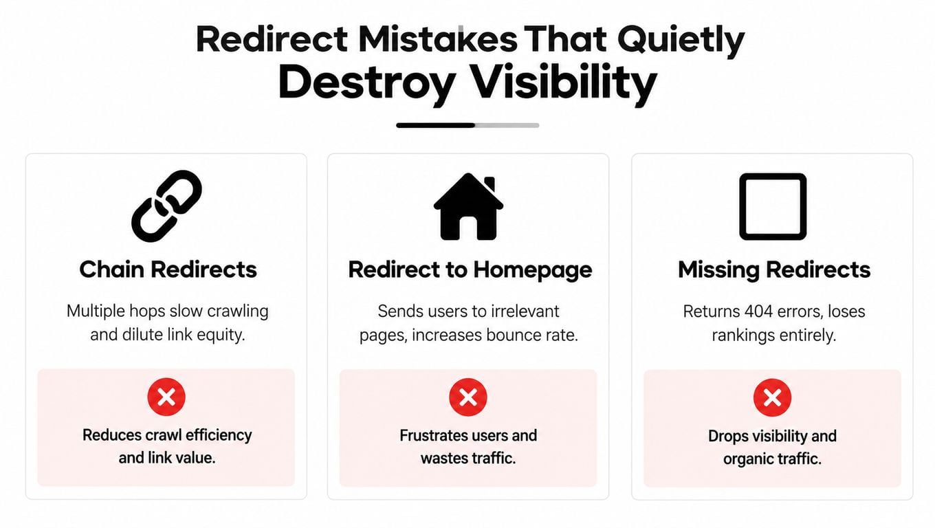 An infographic highlighting three common redirect mistakes that negatively impact website SEO performance and organic search visibility.
