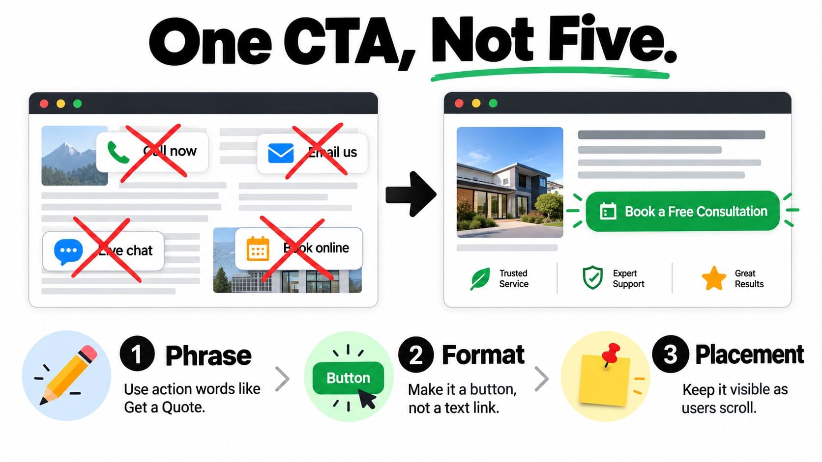 A graphic showing a comparison between a cluttered website with multiple CTAs and an optimized version.