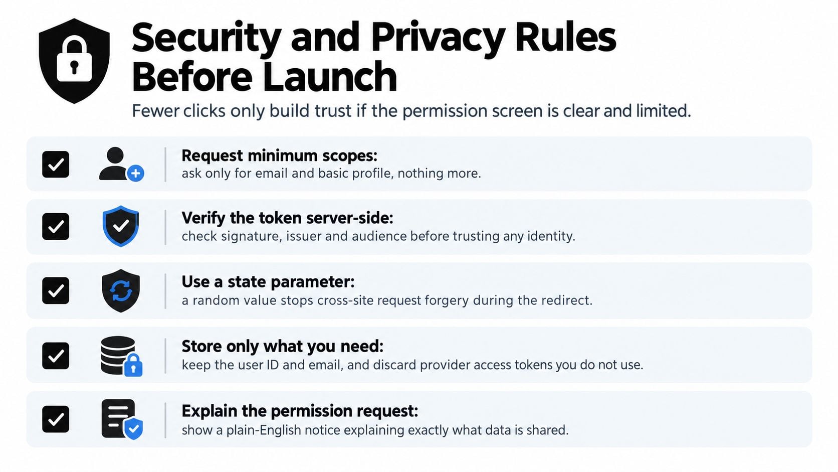 A checklist infographic outlining five essential security and privacy rules for social media login integration implementations.