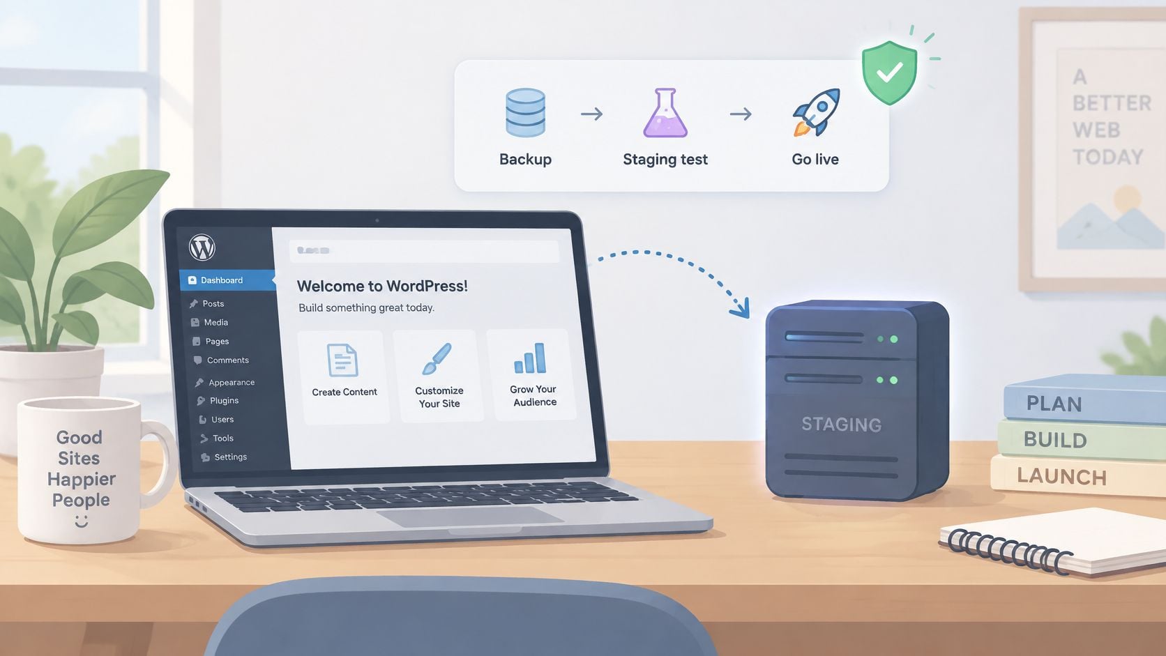 An illustration showing a WordPress dashboard on a laptop connecting to a staging environment for website development.