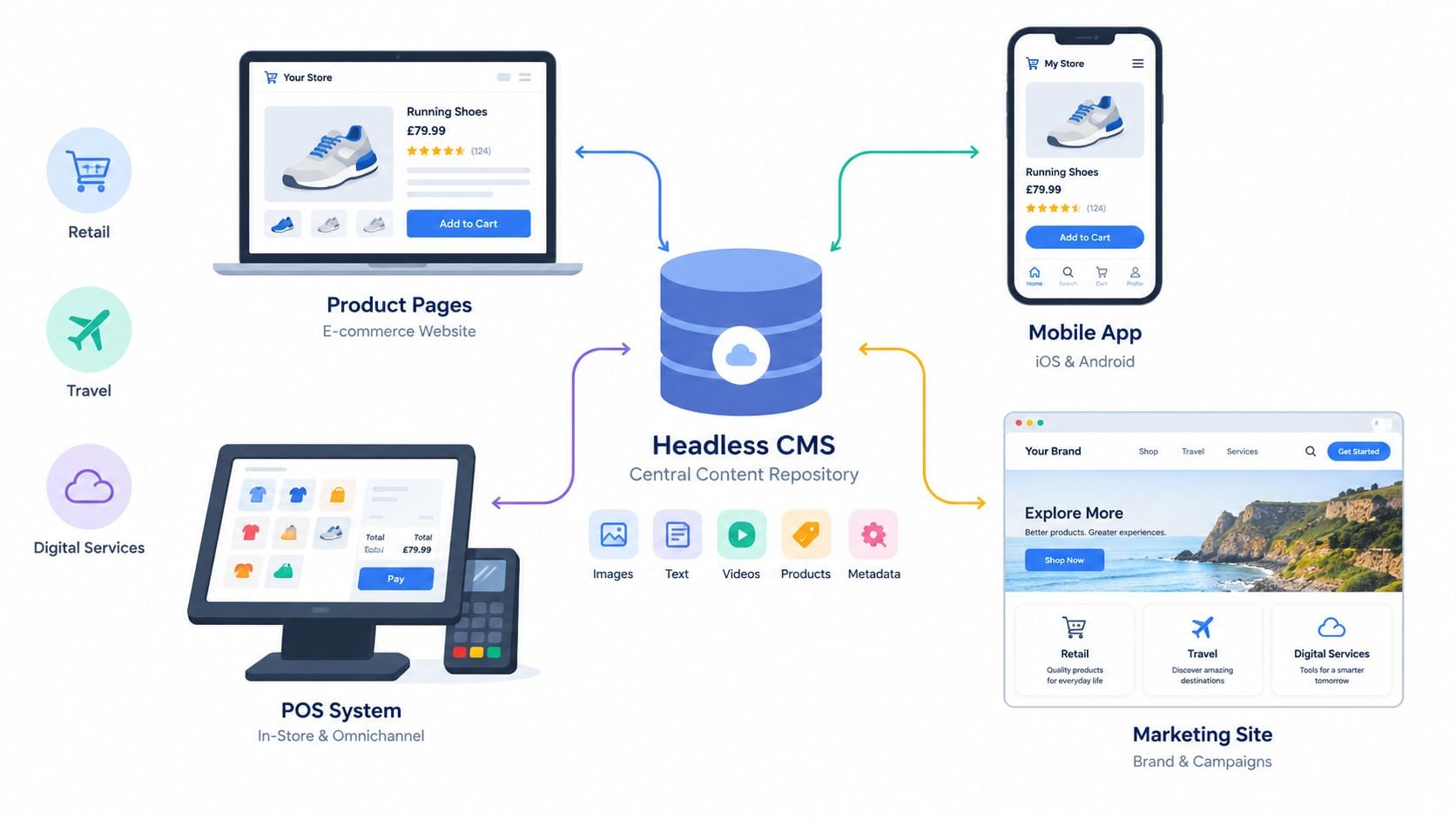 A diagram illustrating how a Headless CMS acts as a central repository for various digital content channels.