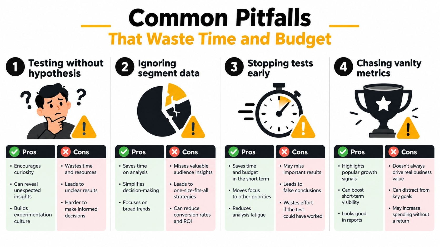 An infographic detailing four common pitfalls in conversion rate optimization that waste business time and budget.