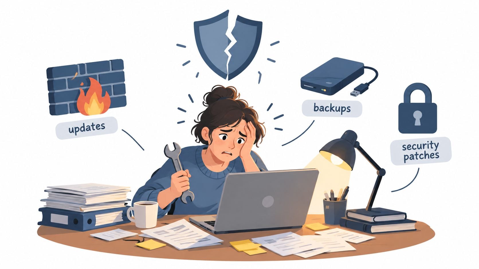 A stressed woman working on a laptop, surrounded by cybersecurity icons like firewalls, backups, and security patches.