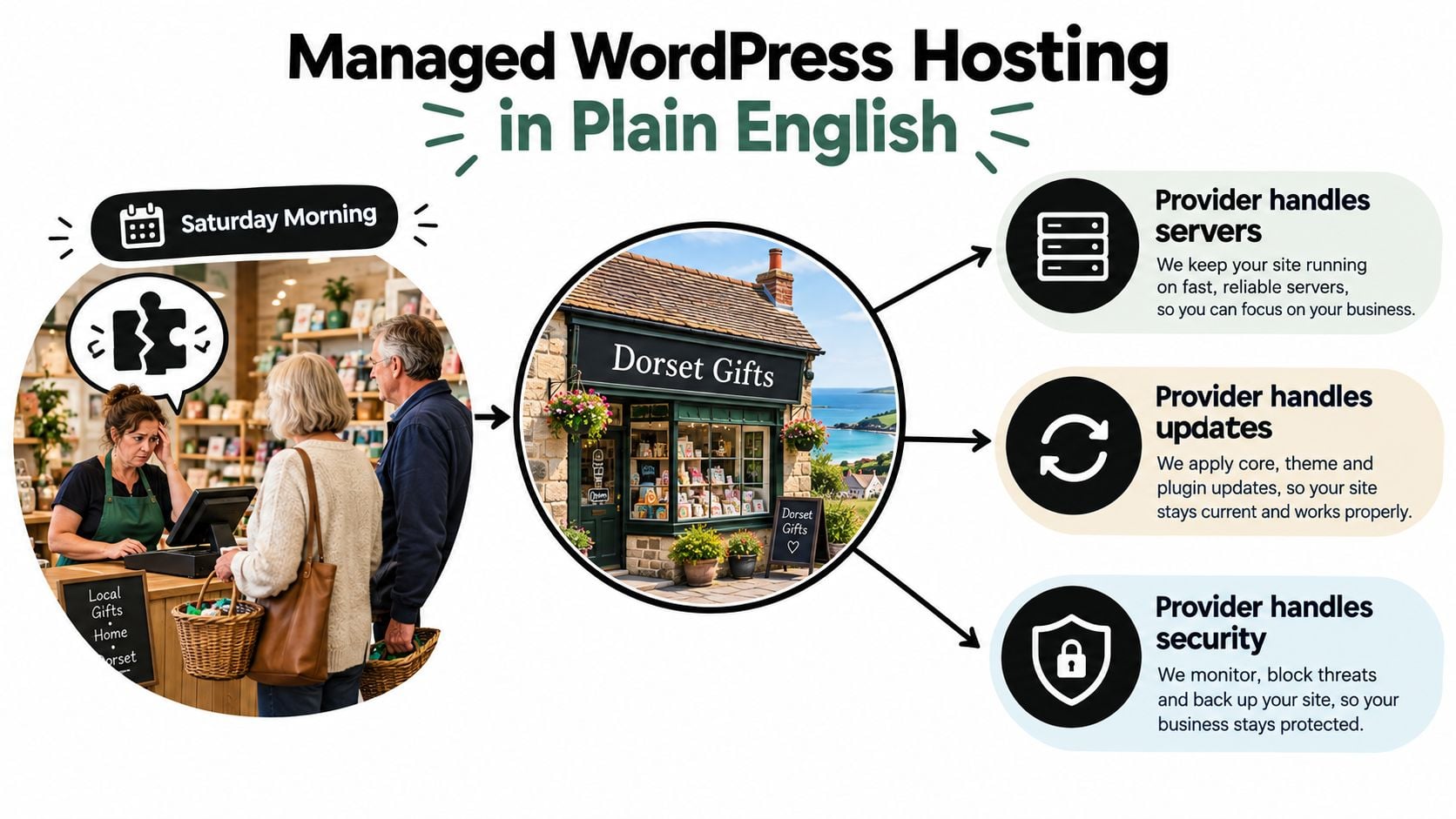 A diagram illustrating how managed WordPress hosting helps business owners by handling servers, updates, and security.