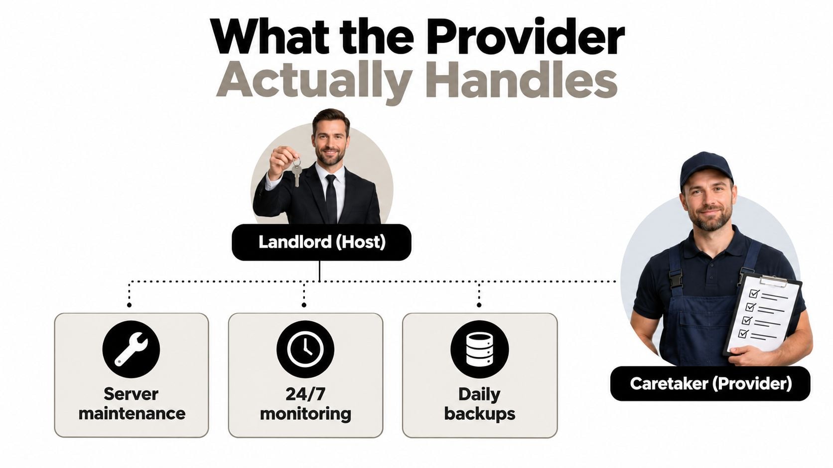 A diagram illustrating managed hosting responsibilities, showing the landlord as the host and the caretaker managing server maintenance, monitoring, and backups.