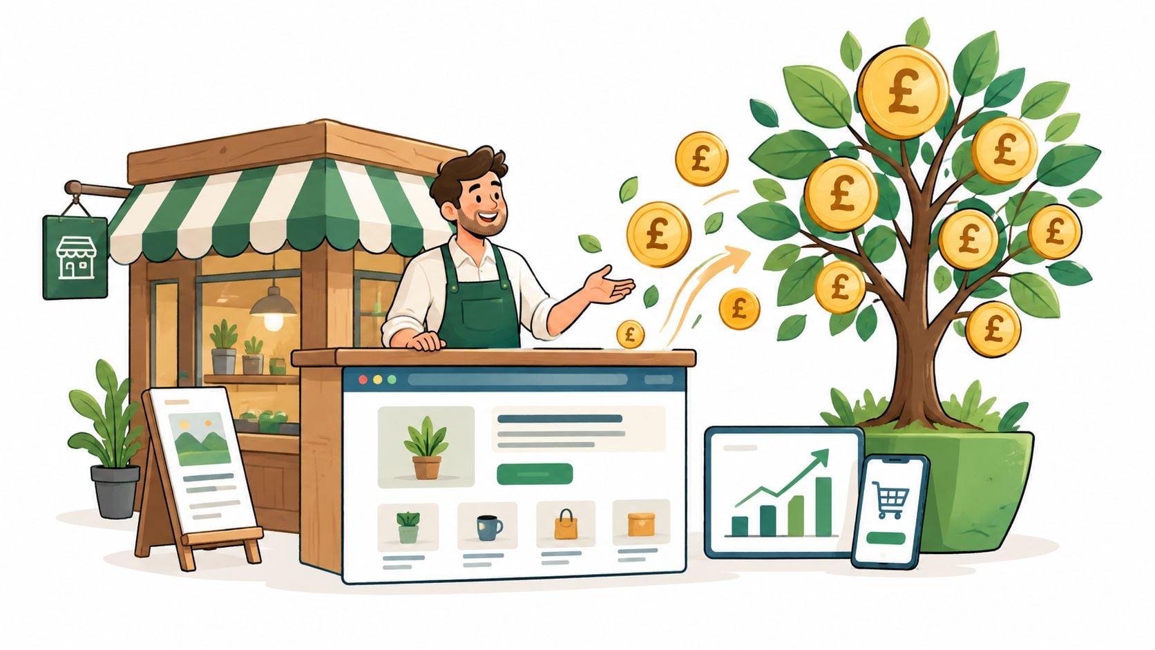 A shopkeeper manages an online store that grows money, illustrating the financial success of a business website.