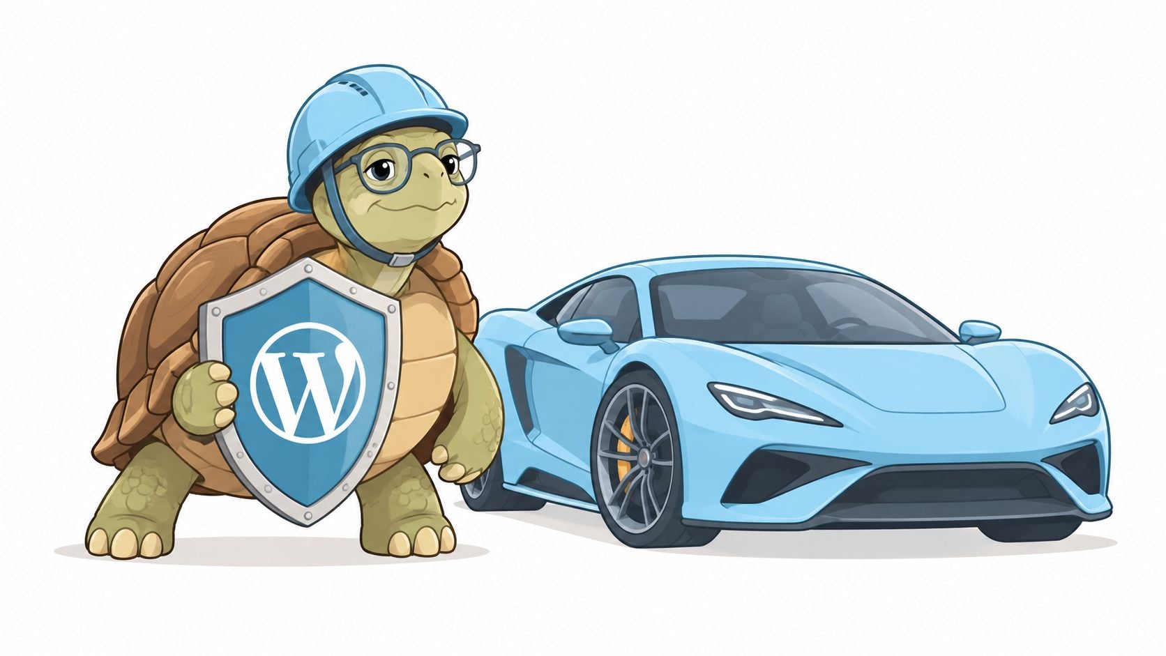 A cute cartoon turtle wearing a hard hat holding a WordPress shield next to a fast sports car.