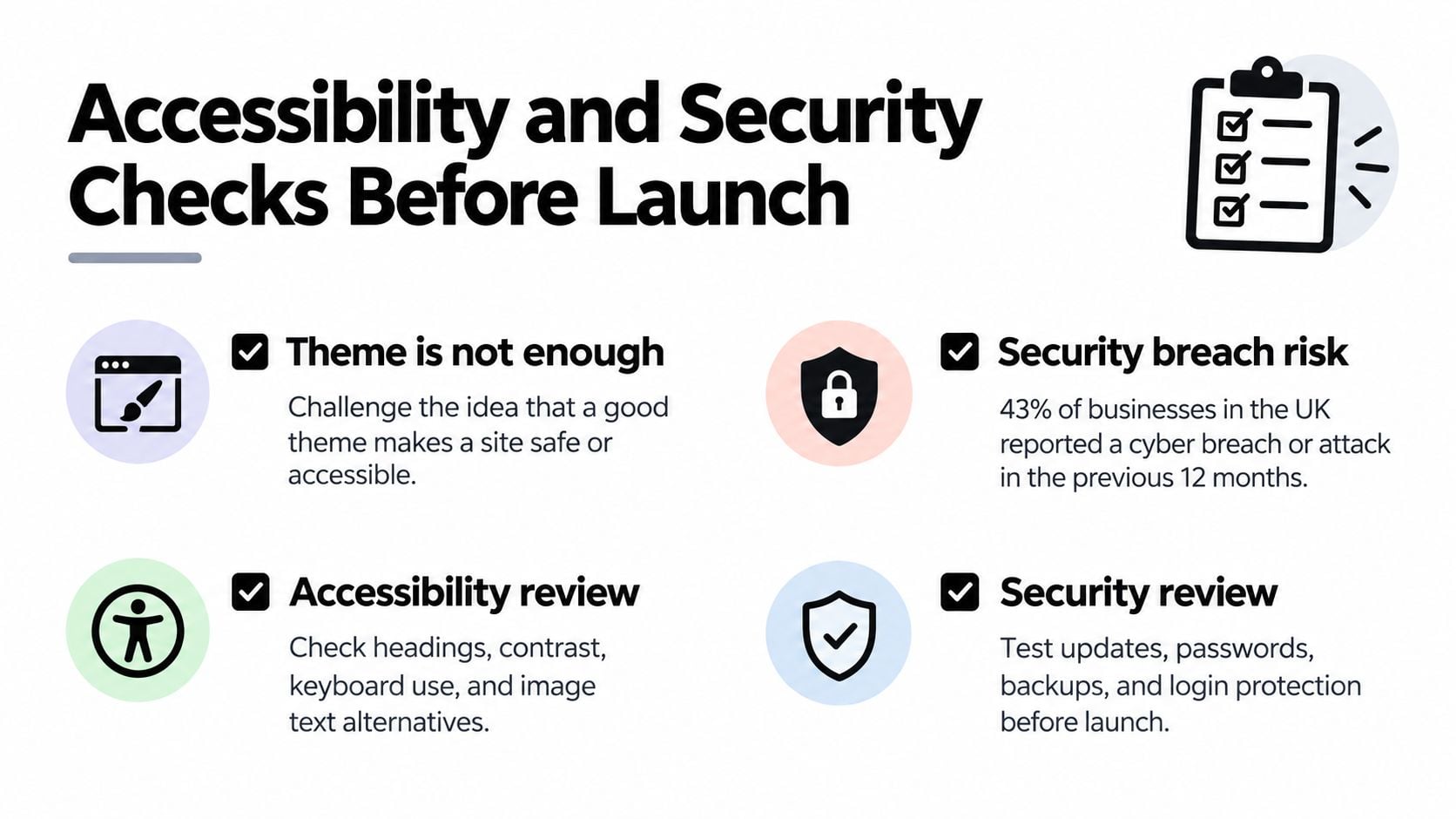 An infographic titled Accessibility and Security Checks Before Launch featuring tips for website development and maintenance.