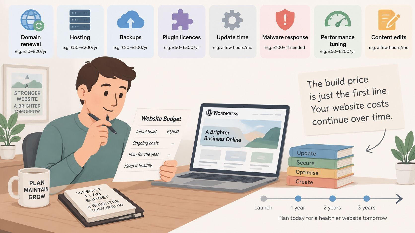 A person reviewing a website budget plan with ongoing costs for maintaining a WordPress business website.