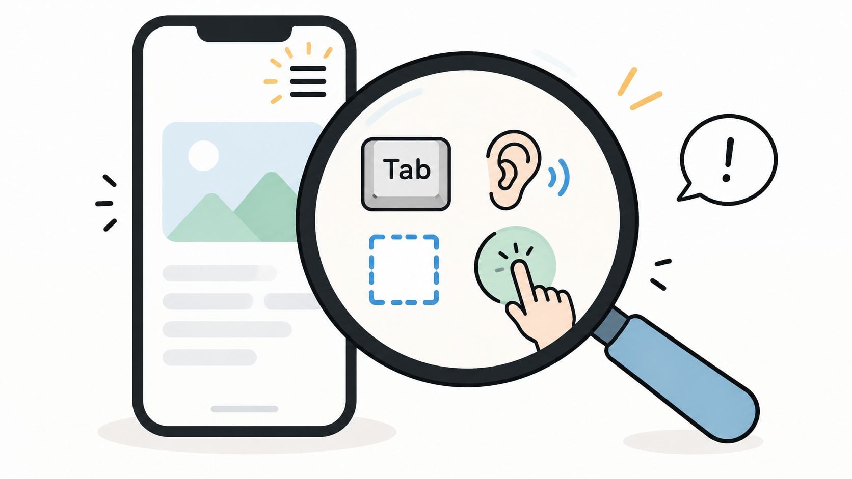A magnifying glass focusing on accessibility features including keyboard navigation, screen reading, focus states, and touch interactions.