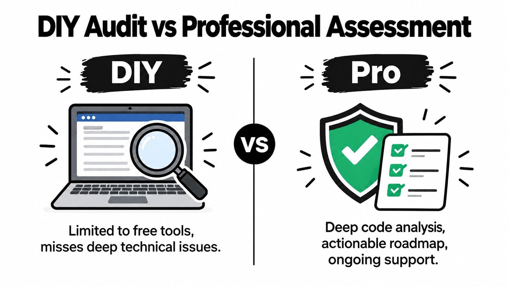 A comparison graphic showing the differences between a DIY website audit and a professional assessment.