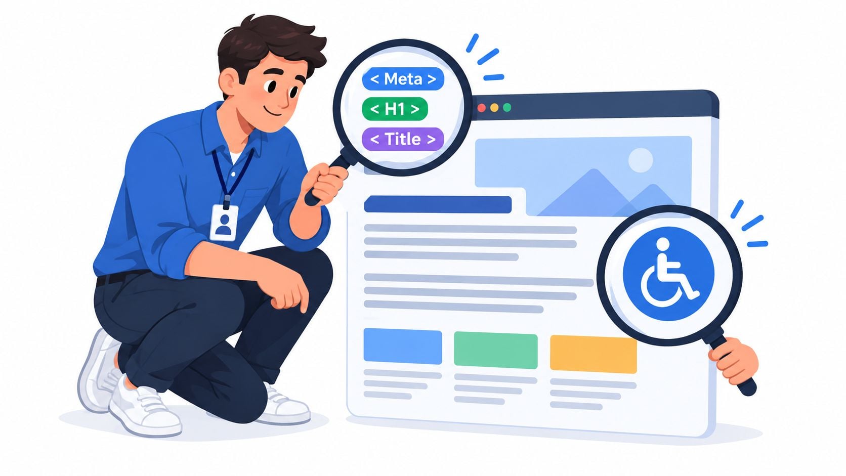 A professional analyzing a website, focusing on SEO tags and accessibility features for inclusive web design.