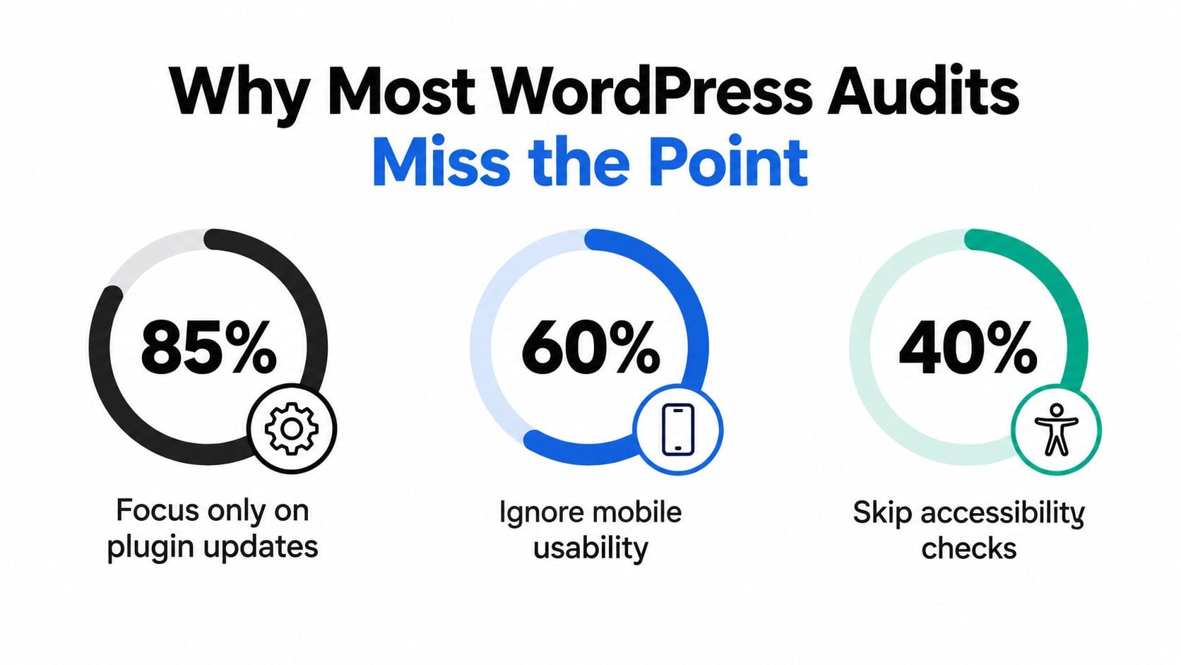 A chart showing statistics on common deficiencies found in WordPress website audits, including plugin updates and accessibility.