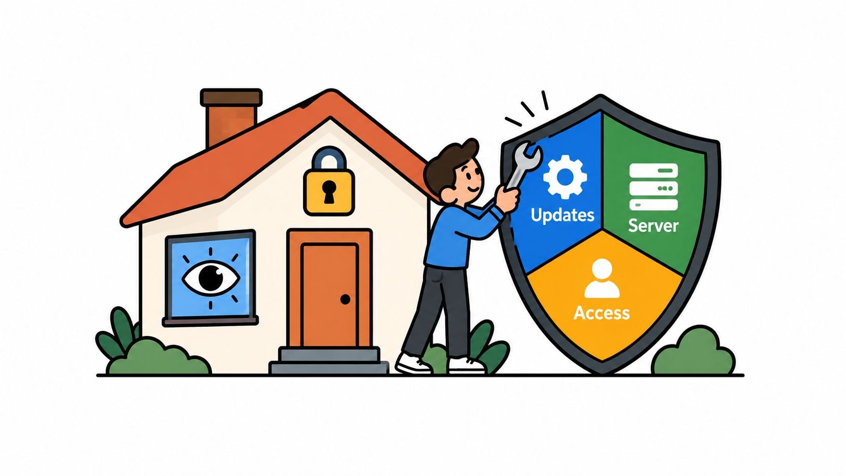 A person maintaining a security shield for a house to represent website hosting protection and security.