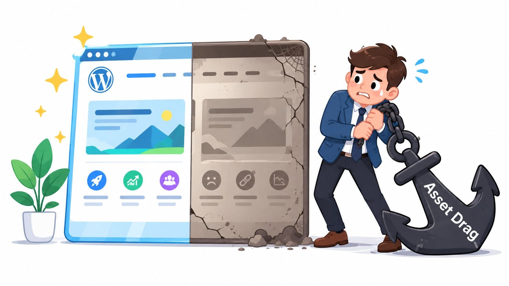 A businessman struggling to pull a heavy anchor labeled Asset Drag away from a deteriorating website interface.