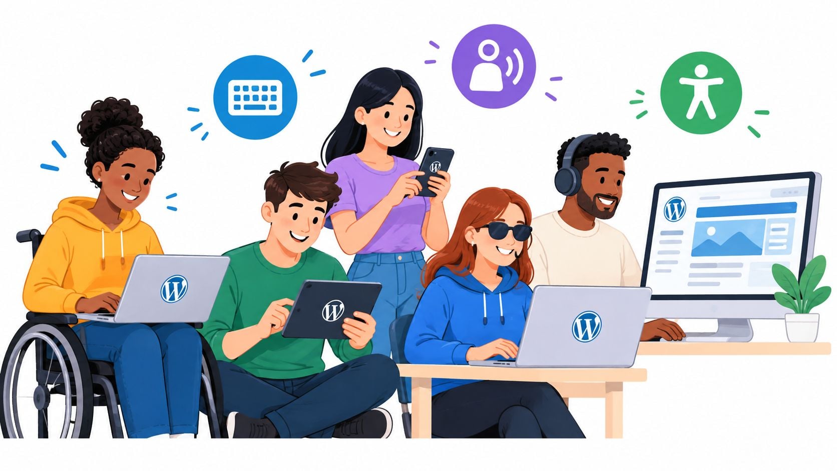 A diverse group of people using various technology devices to work on WordPress website projects together.